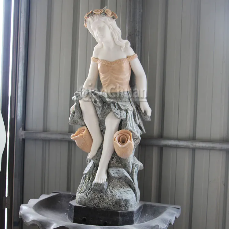 outdoor decor Life Size Natural Stone Outdoor marble Fountain sculpture colorful Marble Garden fountain female statue