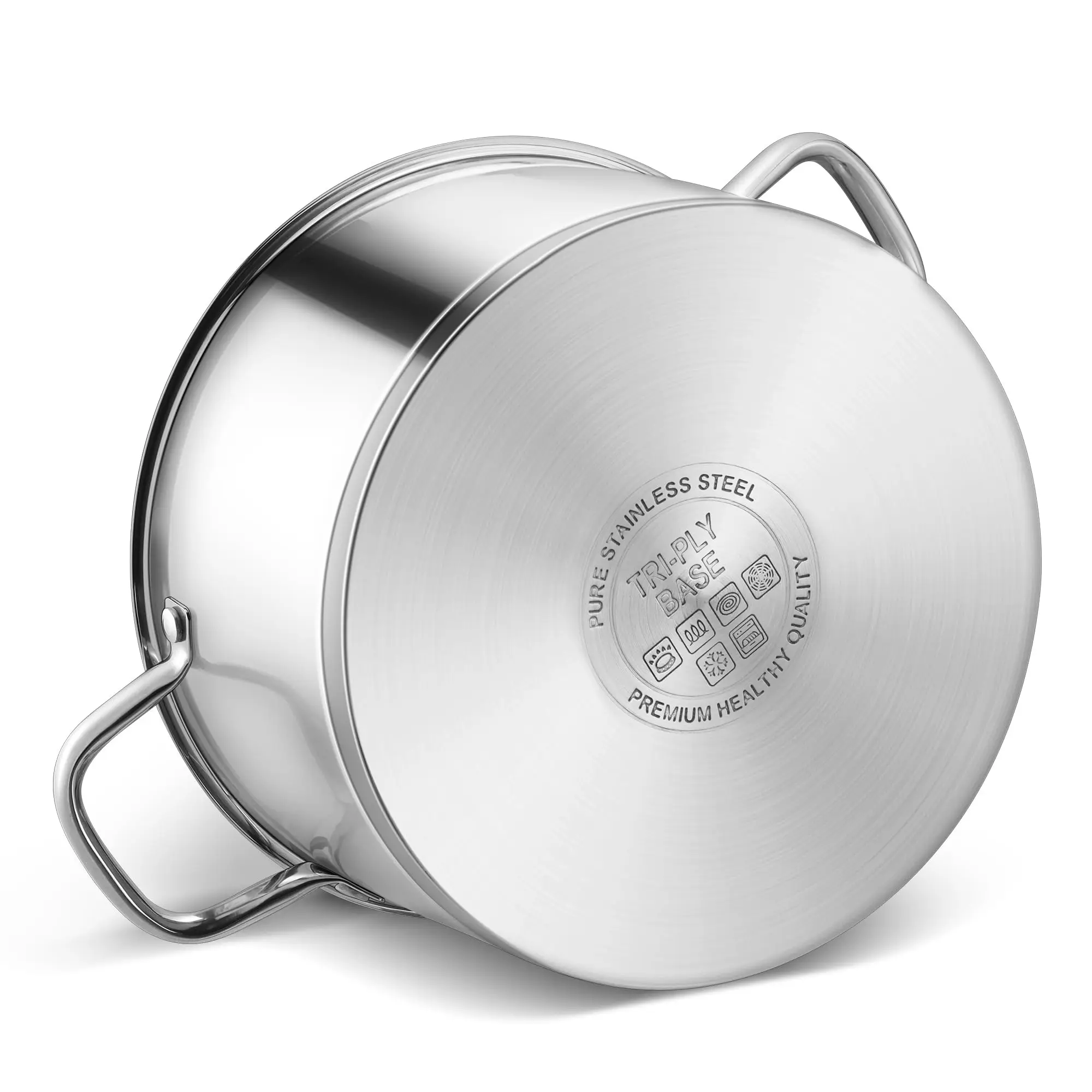 12QT Cooking Pot Heavy Weight Solid Triple-Layer Base Stainless Steel Casserole Soup Pot Stock Pots with Handle Glass Lid