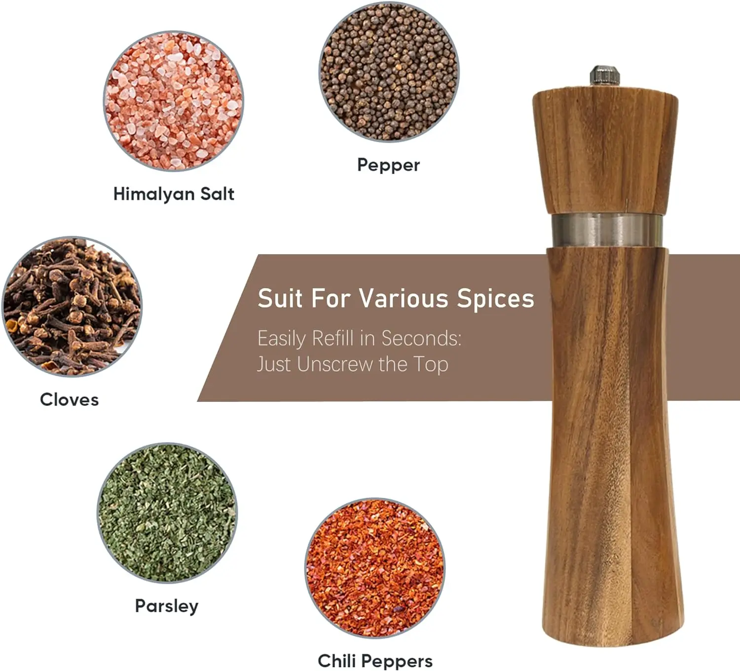 BST Acacia wood pepper grinder with ceramic core wooden salt and pepper grinder set & shakers