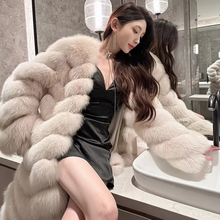 High-End X-Long Real Fox Fur Coat Women Luxury Genuine Fur Jacket Fashion Furry Overcoat Winter Ladies