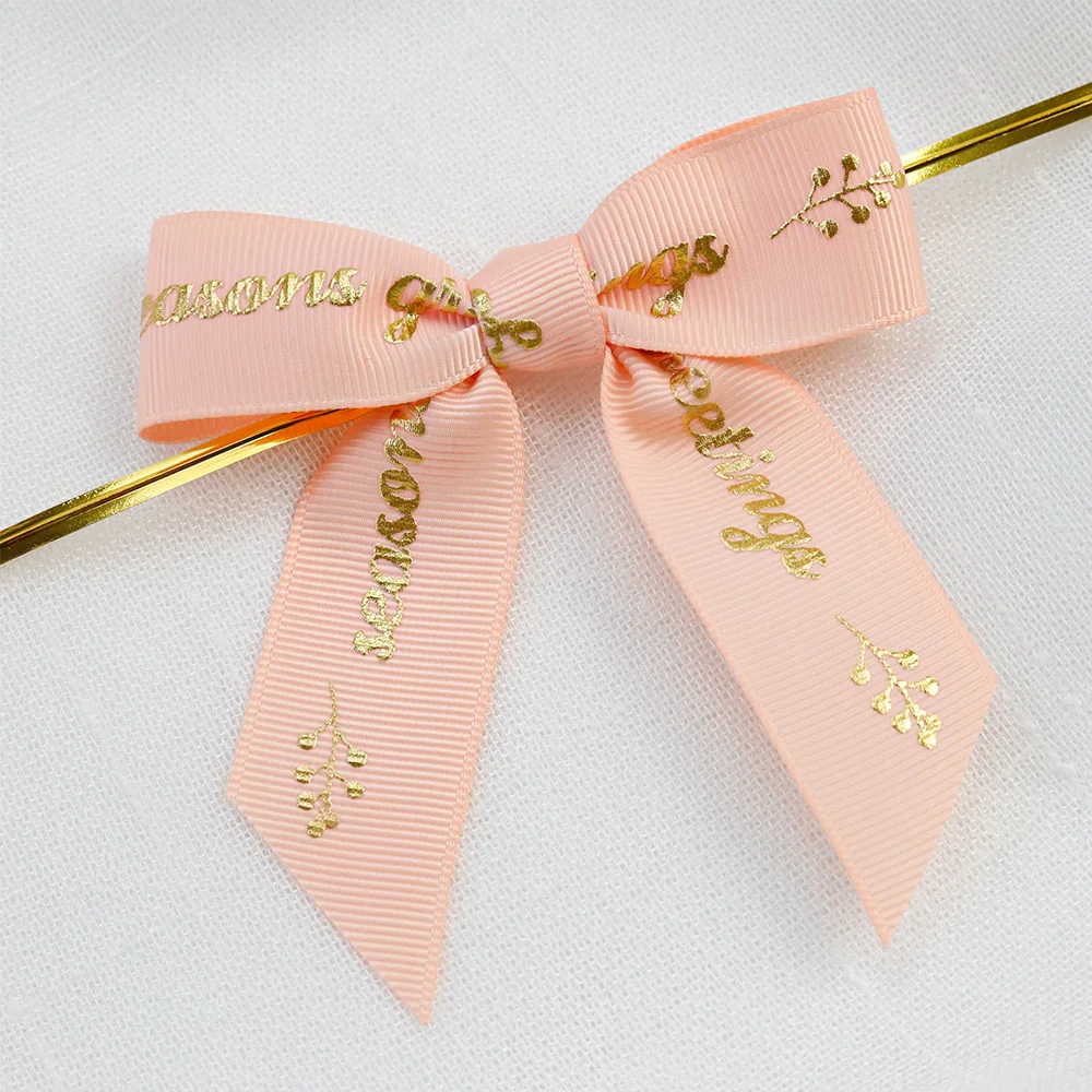 Hot sale pre tied printing shiny logo ribbon bow for gift wrap