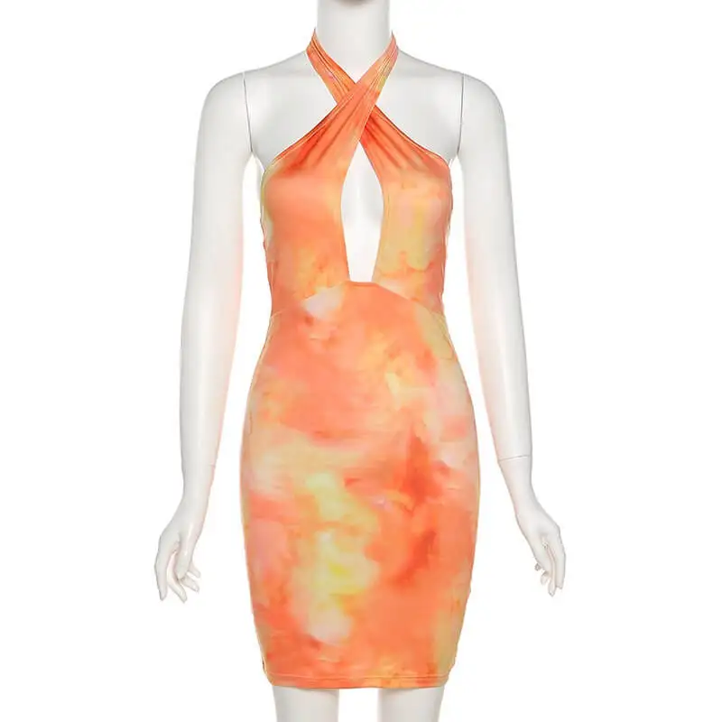 New Arrival Summer Tie Dyed Print Criss-Cross Halter Bodycon Dress Party Club Wear Skinny Sleeveless Women Dresses