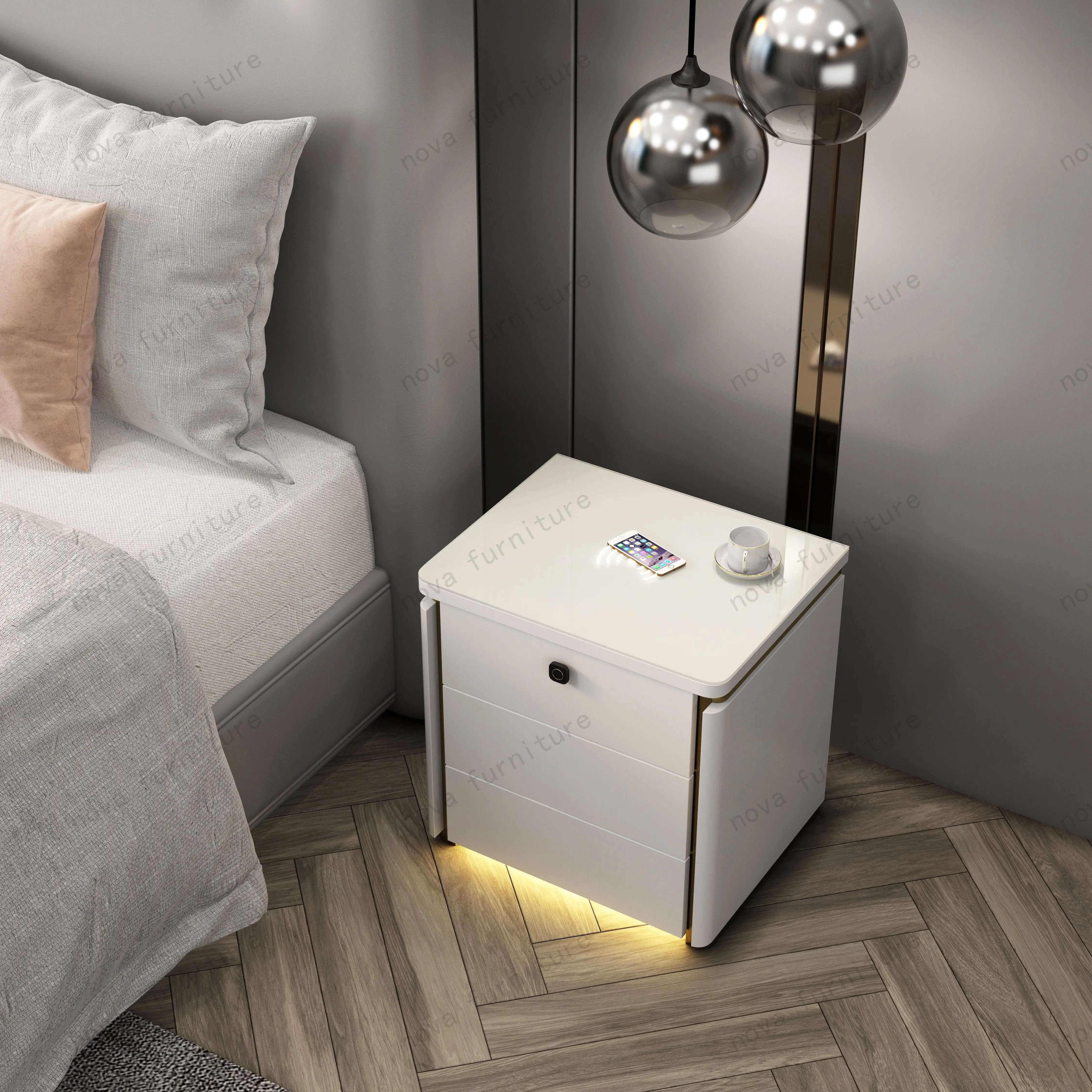 NOVA Intelligent Bedroom Furniture High Gloss Bedside Table Modern Simple Design White Smart Nightstands With Sensor Light Strip