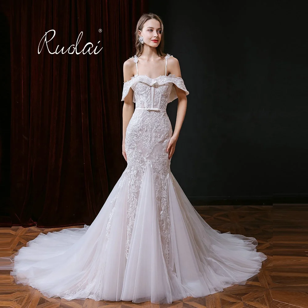 PWD-H1271 Sexy Cross Spaghetti Straps Lace Flower Mermaid Wedding Dress Detachable Off Shoulder Appliqued Bride Wedding Dress