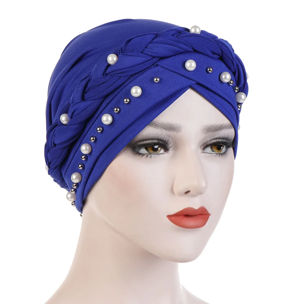 Muslim Women Cotton Scarf and Hijab New Turban Hat Milk Silk Monochrome Single Braid Hat Nail White Pearl Hat