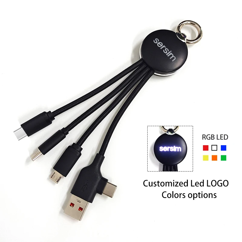 2024 New Hot Promotional Gifts Amazon 16cm Dual Input USB Type-c Custom Led Logo 6 pin 1 Keychain Cable