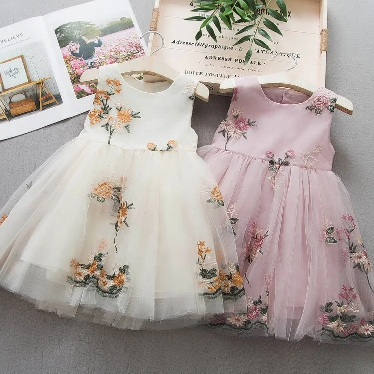 Wholesale Floral Embroidery Casual Sleeveless Tulle Dresses Summer Tutu Kids Clothing Toddler Girl Party Dress