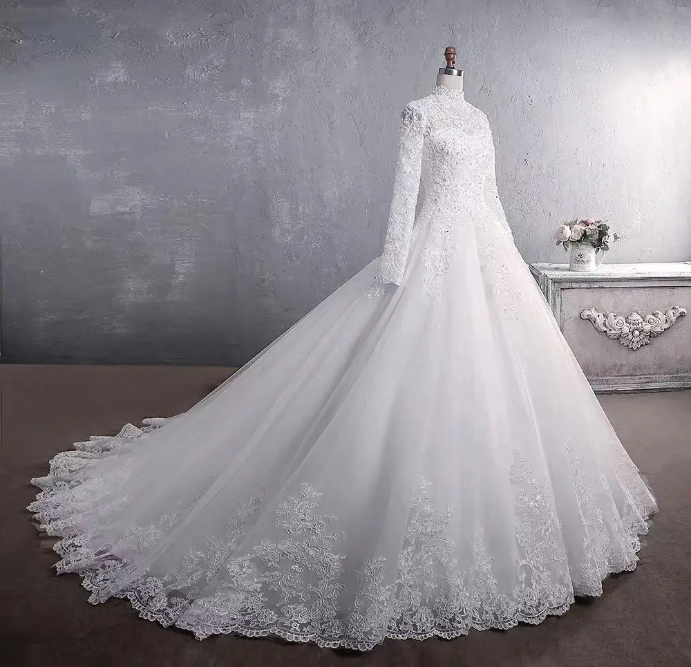 2021 newest style stand collar Muslim women wedding dress plus size lady bridal gown with