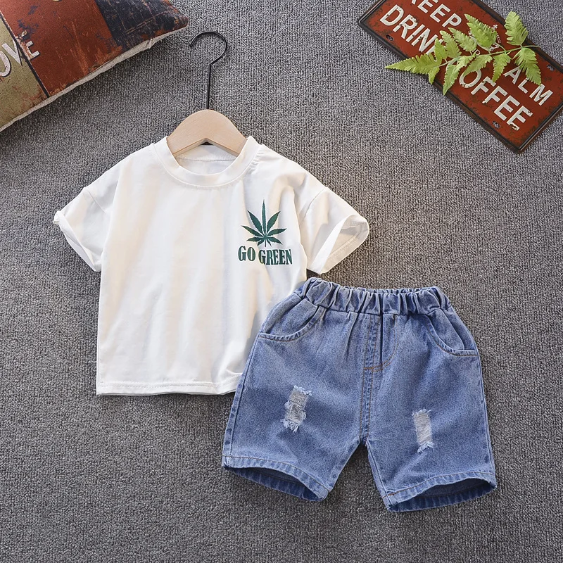 Wholesale 2pcs short shirt print Maple leaf and denim pants suit  boys two piece sets baby boy clothes 1 to 3 years