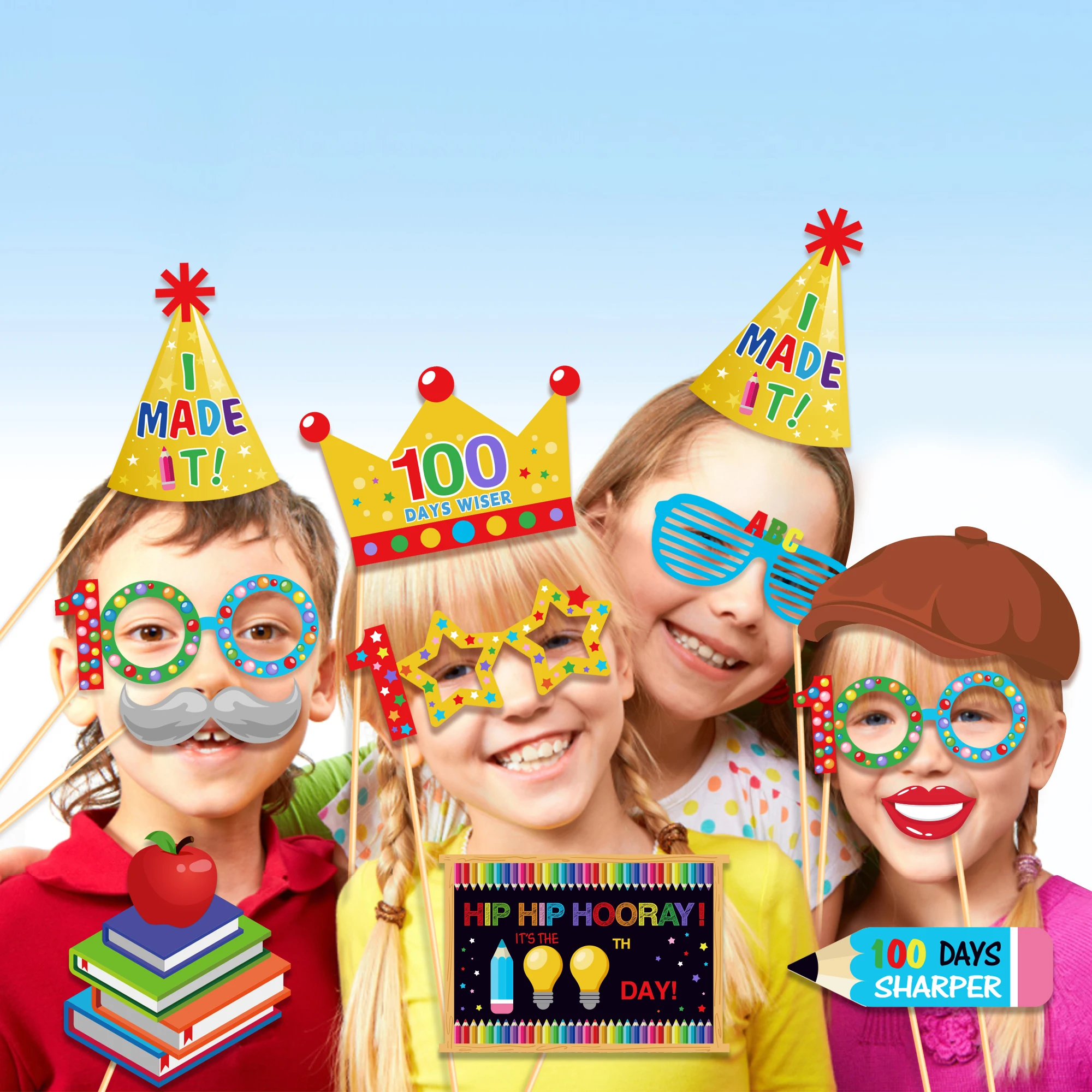 Huancai 100th Day Of School Photo Booth Props 25 PCS Party Selfie Props Kit with Sticks for Hooray 100th Day Party Supplies