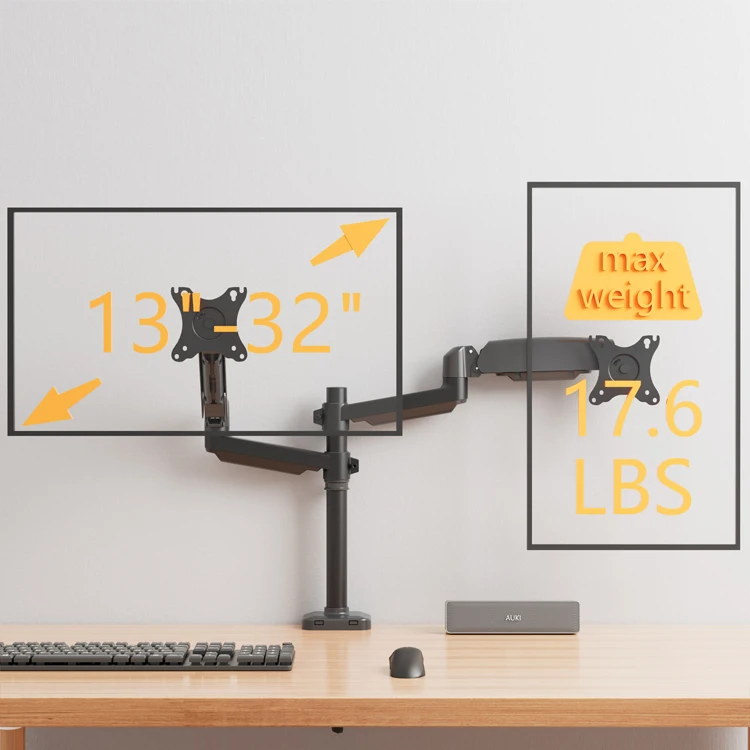 AUKI Dual Monitor Stand Dual Arm  With Pole Fits 32 Inch  Vesa Arm Gas Spring Monitor Arm