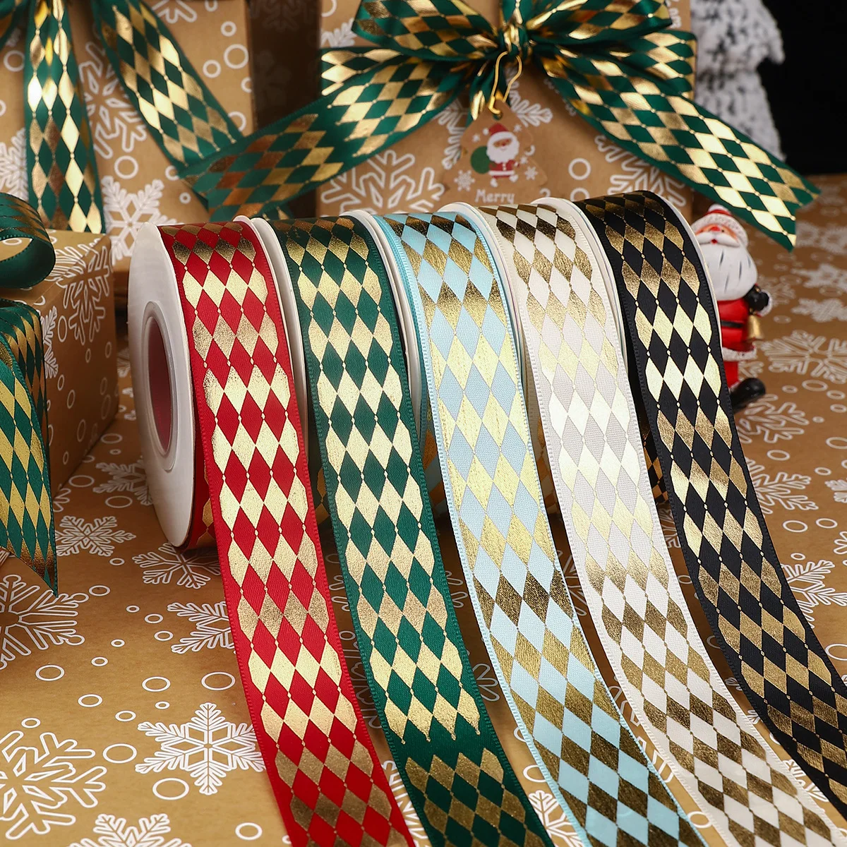 luxury 2.5cm*25Y/roll rhomboid diamond design hot stamping printed ribbon roll DIY handmade metallic gift decorative ribbon