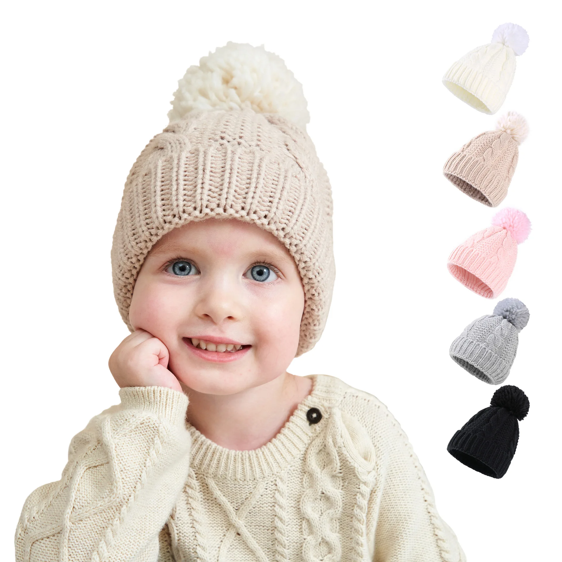 Wholesale Winter Plush Warm Baby Hats Caps Two Pompom Bow Kids Beanie Hat Wool Baby Hat