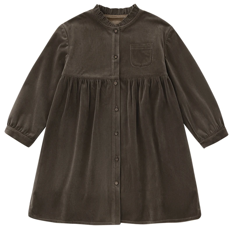 Winter New Casual Fungus Collar Open Button Corduroy Parent-Child Plus Velvet Long-Sleeved Girl Dresses 6 to 14 Years