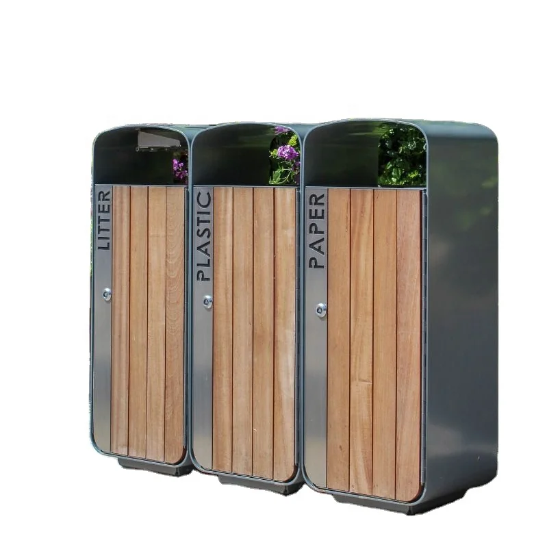 Large outdoor wooden trash bin triple stainless steel outdoor wooden trash bin