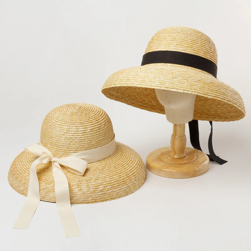 2023 Elegant Black Beige Ribbon Hepburn Straw Hat Wide Brim Natural Wheat Straw Hat