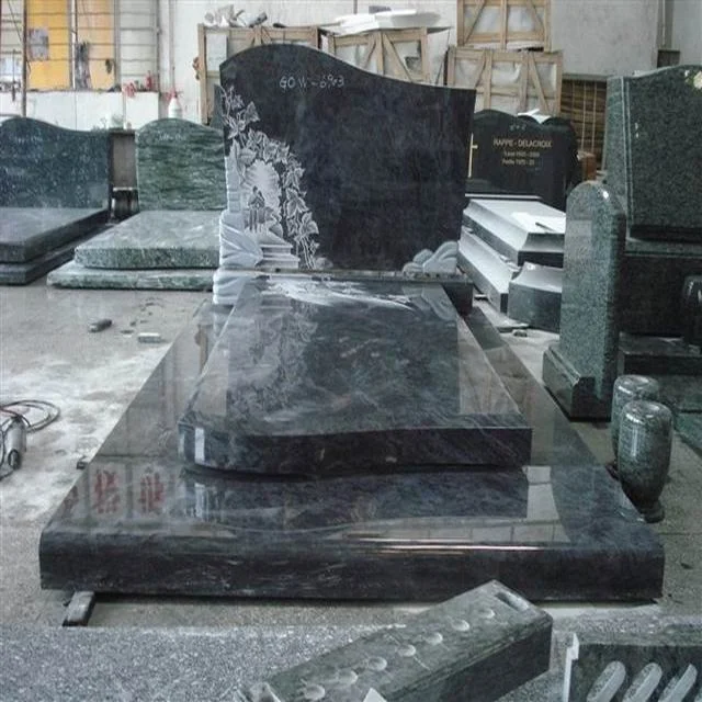 Ideal Arts Factory China Black Granite Monuments Stone Double Double Heart Tombstones Headstone Carving With Vases