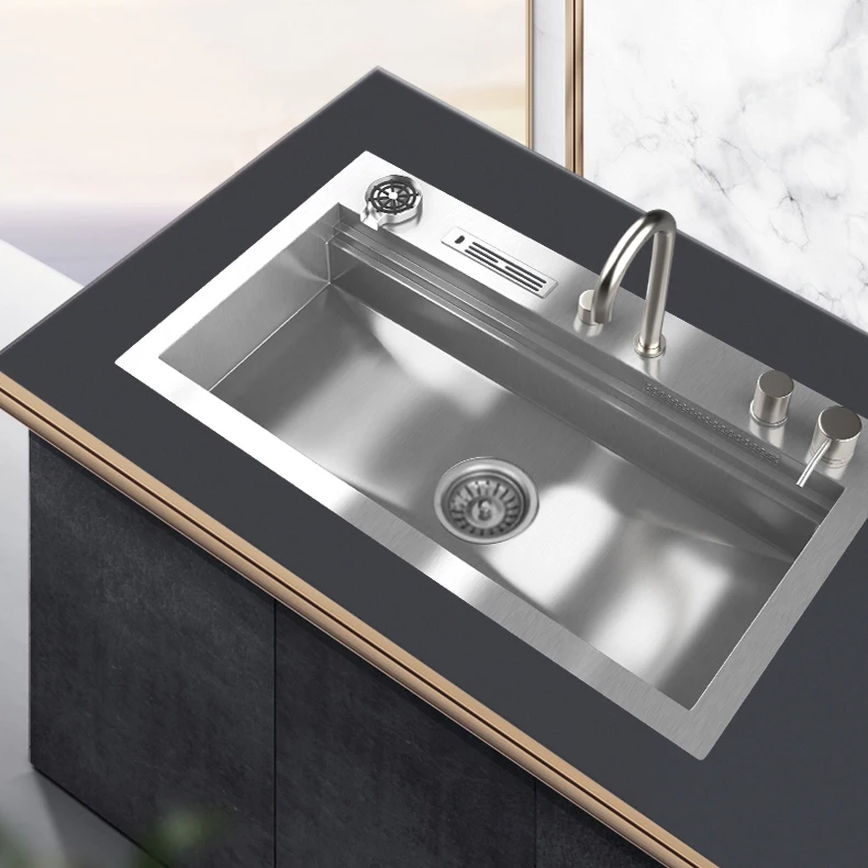Stainless Steel 304 Single Bowl Topmount Satin Korea Workstation Multifunctional Handmade Waterfall Kitchen Sink