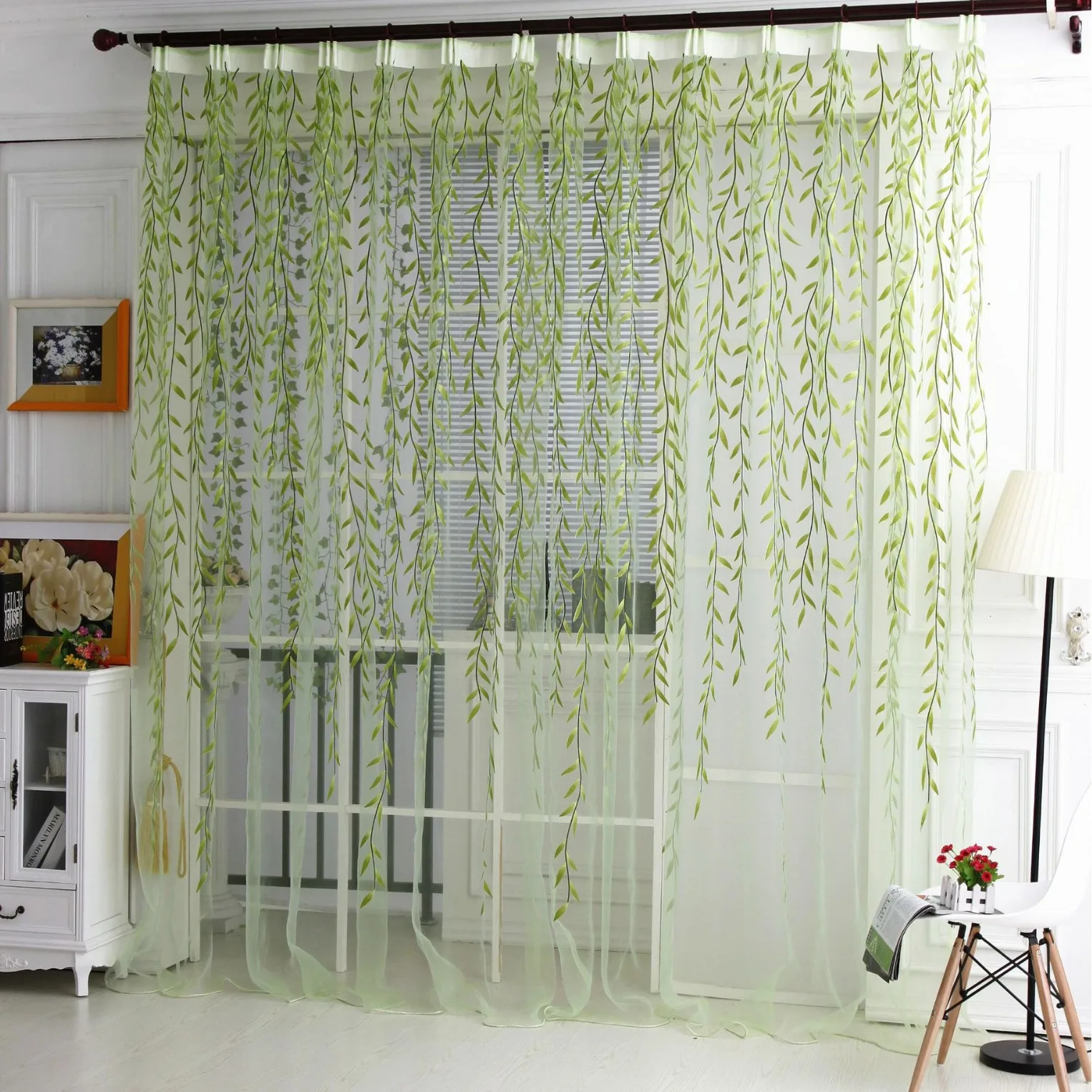 Custom Willow Leaf Finished Offset Printed Green Door Sheer Cutains Curtains Drapes Living Room For Home