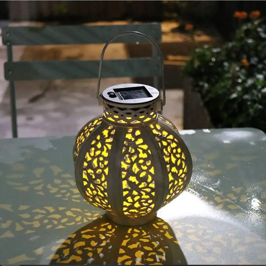 Hanging Portable Retro European Style Hollow Carved White LED Lantern Light Outdoor Waterproof Solar Power Table Decorative Lamp