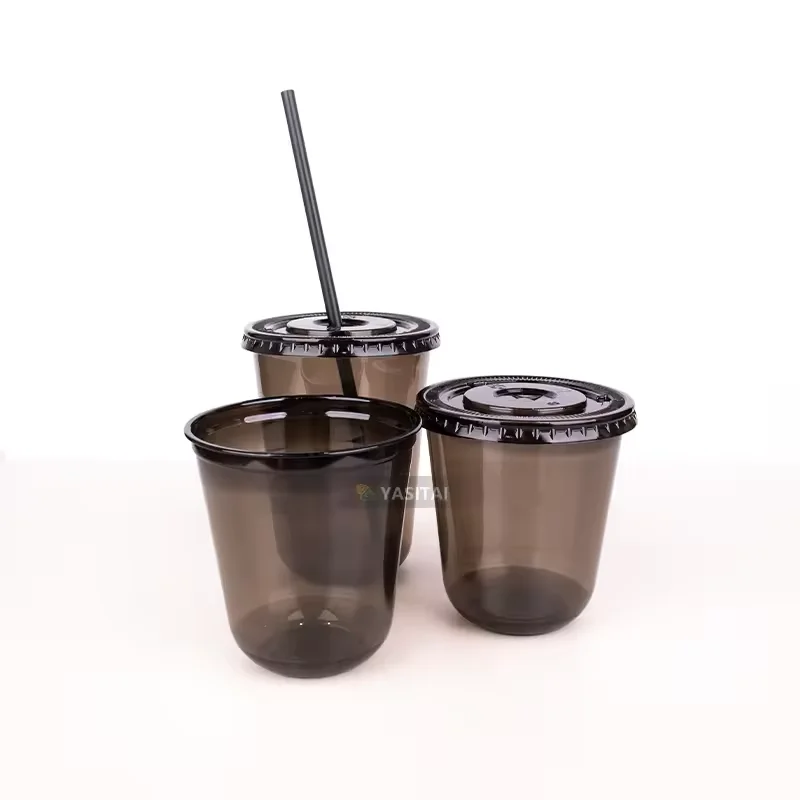 disposable custom logo Black u shape yogurt bubble tea 12 14 16 oz pet cup plastic cup