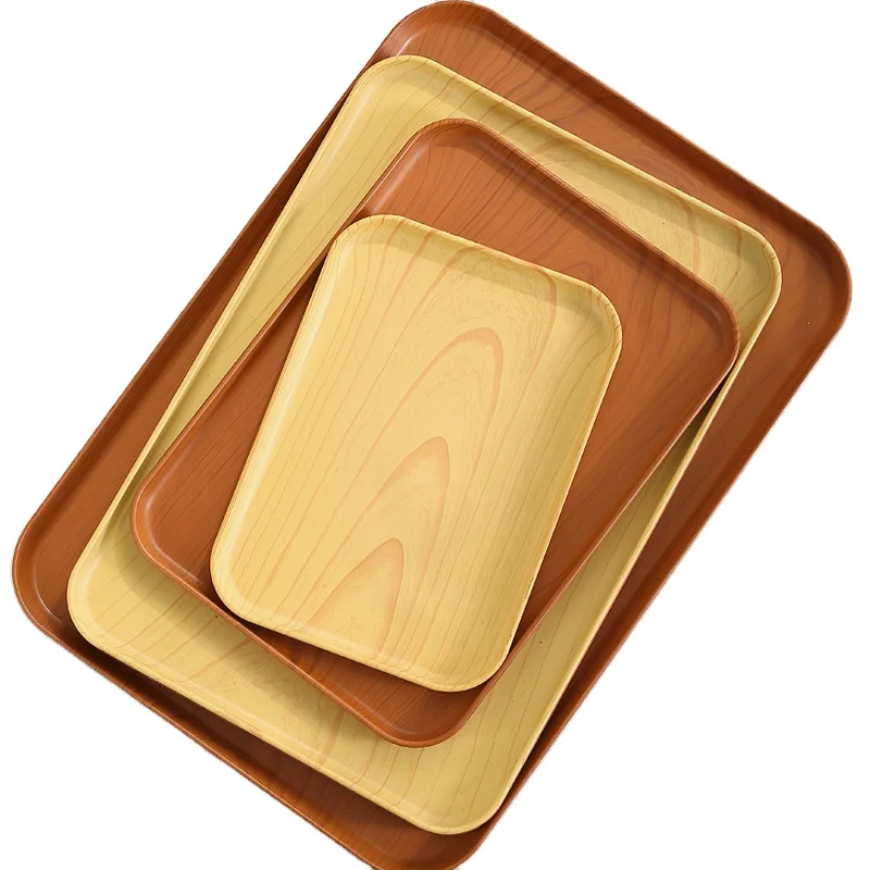 Large Capacity Disposable Rectangular Tray Wheat Straw PLASTIC Oak Grain Modern Dim Sum Dessert Fruit Tray Tea Set Barbecue