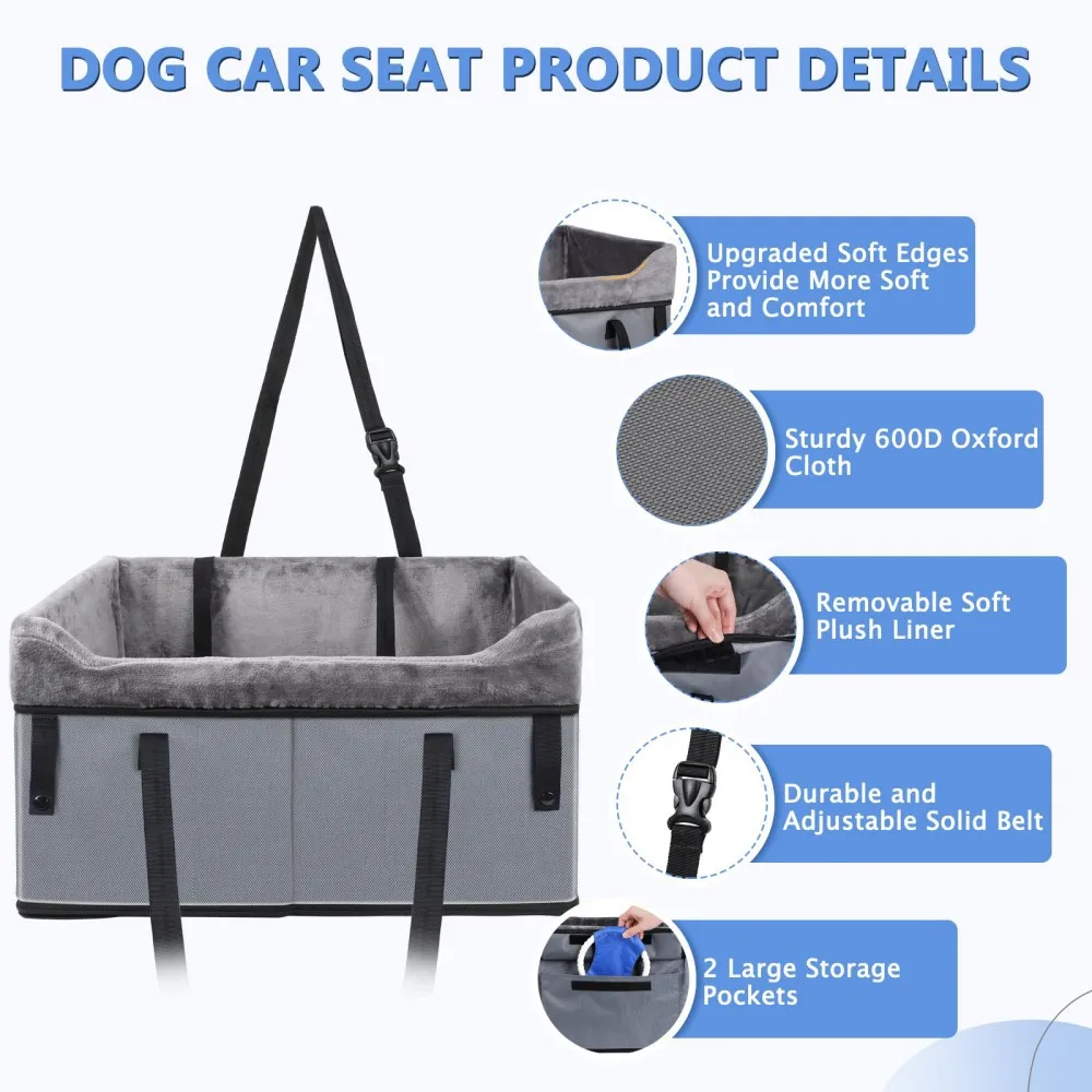 Dog cat Car Seat for Medium Dogs or 2 Small Dogs Portable Pet Booster car Seat with Clip-On Safety Leash and Adjustable Straps