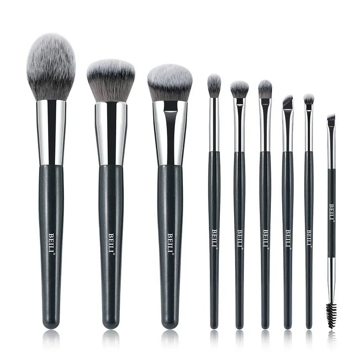 Custom Luxury Professional Grey Wood Handle Vegan Makeup Brushes Hight Quality Synthetic Hair Travel Make Up Brush Set With Bag