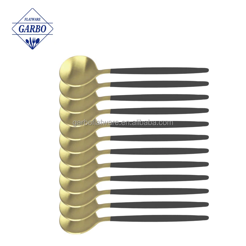 Portugal luxury cutlery set, wholesale black champagne gold plated cutlery, stainless steel matte gold flatware set for wedding