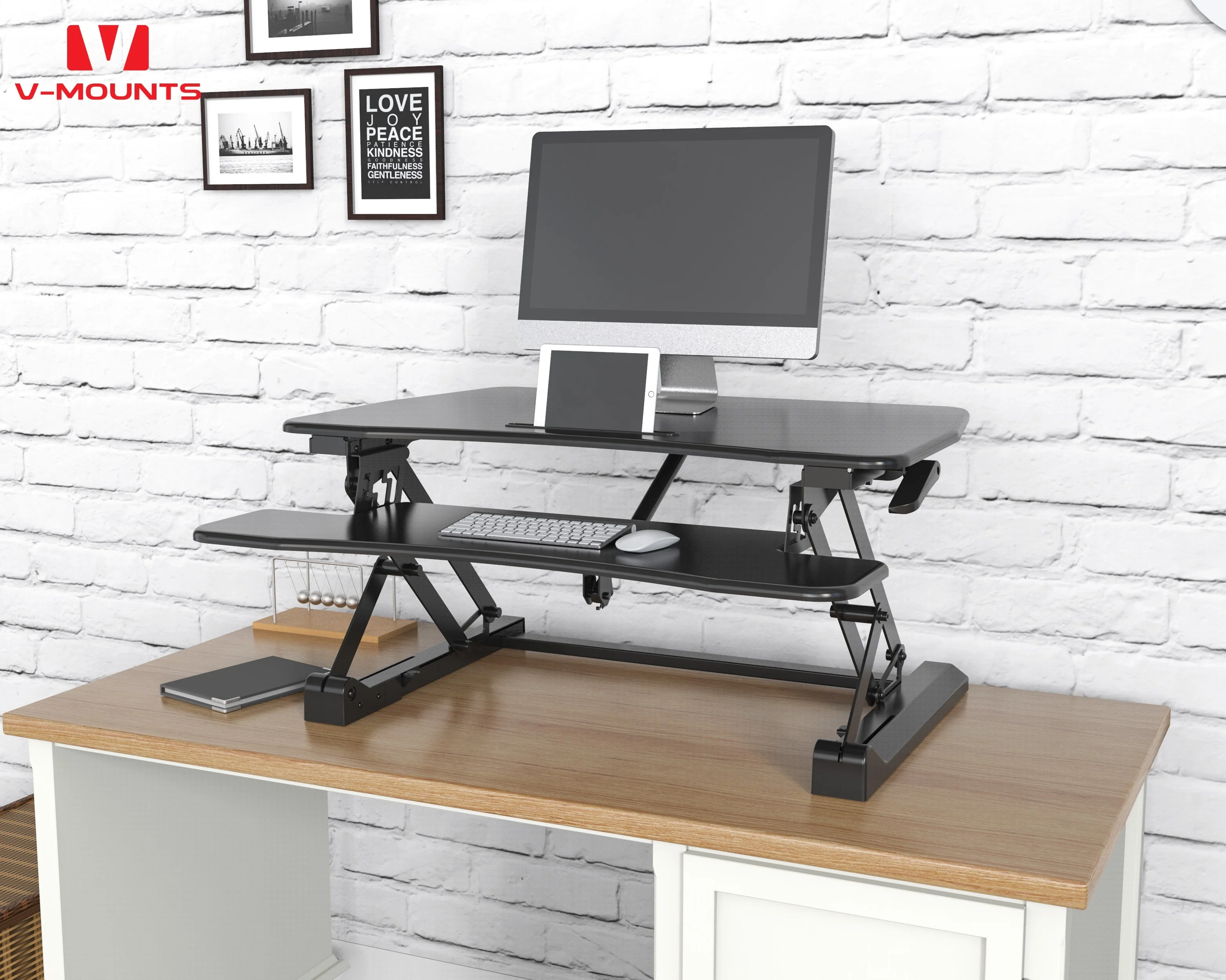 V-mounts Office Furniture Pneumatic Sit Stand Computer Desk Adjustable Height Metal Table Monitor PC Bedroom VM-SD07