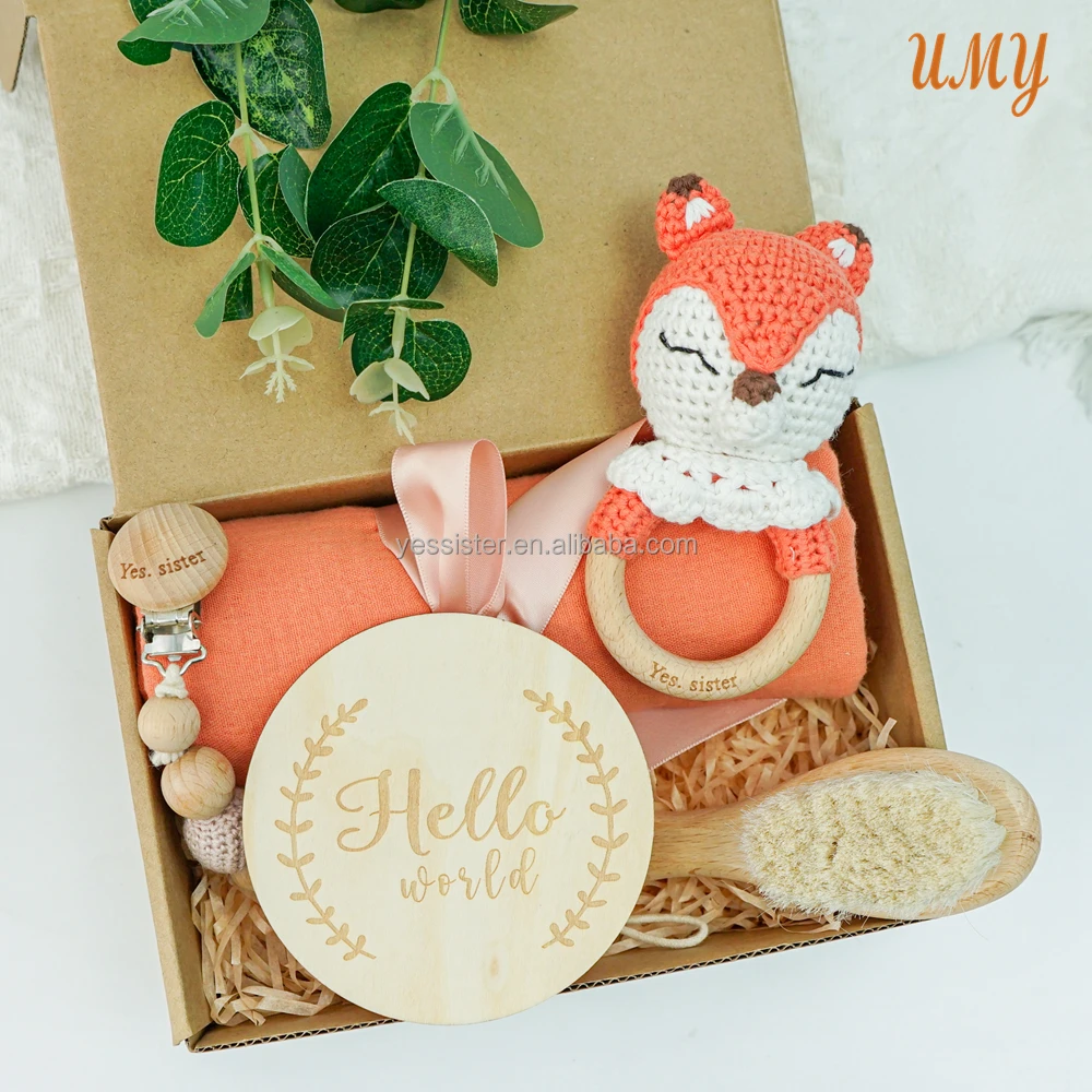 Baby Comforter Toy Security crochet dinosaur rattle Gift Set Custom Solid Cotton Baby Muslin Swaddle Blanket Set