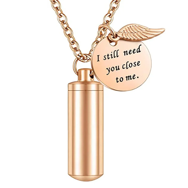 Rose Gold 38mmX11mm Durable 316L Stainless Steel Locket Cremation Hummingbird Pet Urn Cylinder Pendant Necklace for Ashes