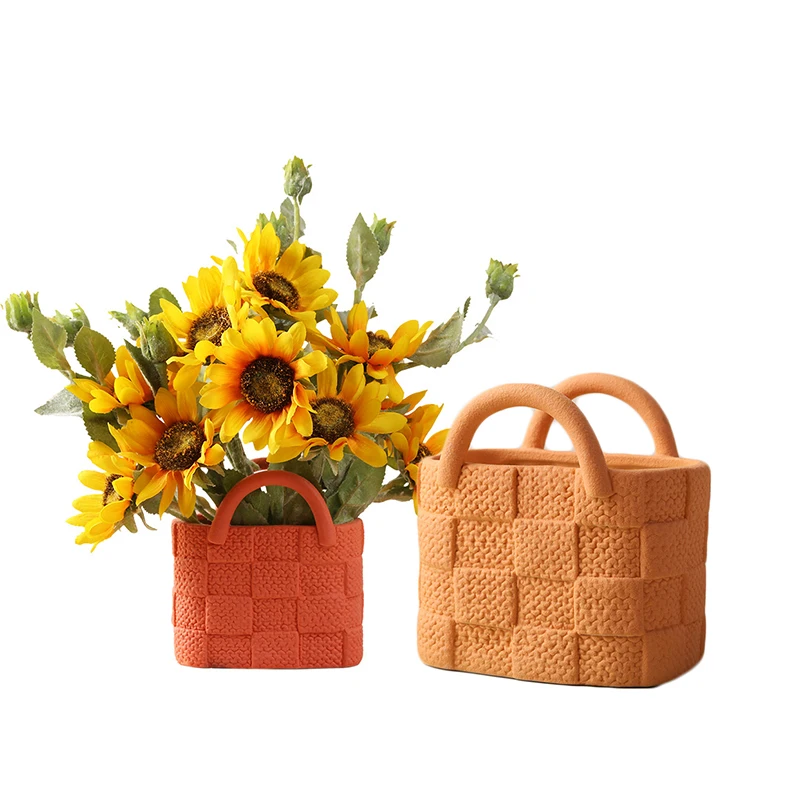 Wholesale Custom Autumn Morandi Nordic Modern Hydroponics Flower Arrangement Terracotta Yellow Orange White Ceramic Handbag Vase