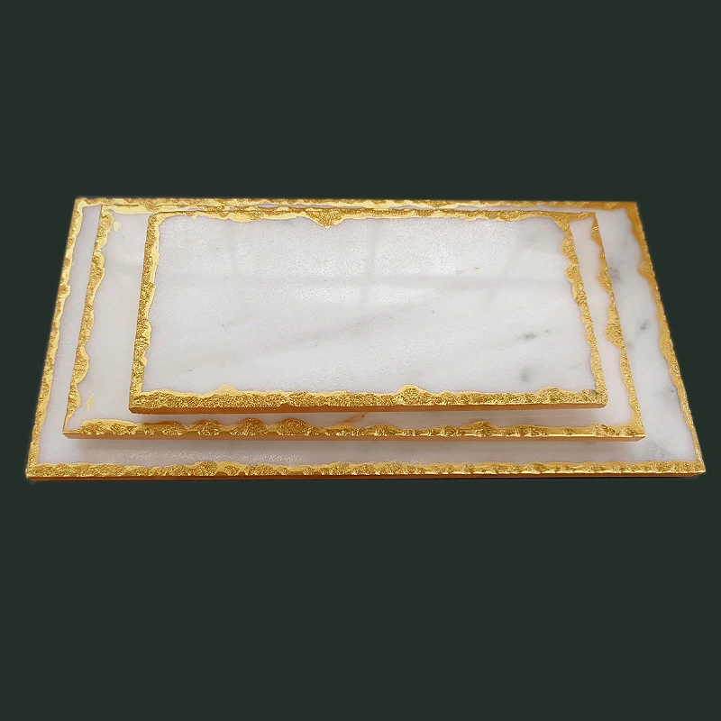 Arabic Retro Style Gold Edged Rectangle Marble Cheese Board Set of 3PCS Decorative Serving Tray luxurious Jewelry Vanity Tray