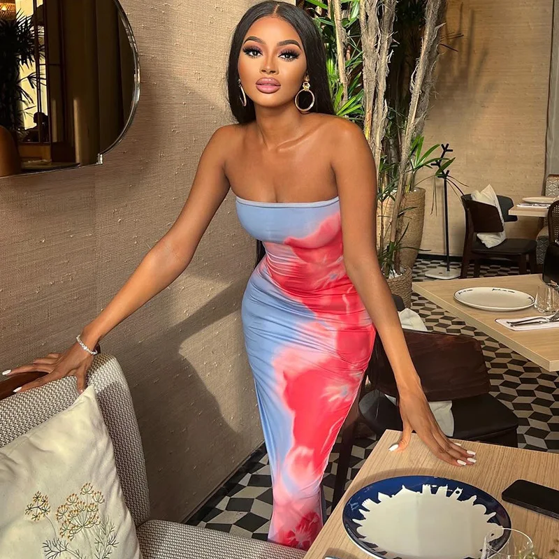 FS14434D women sleeveless strapless print maxi dress