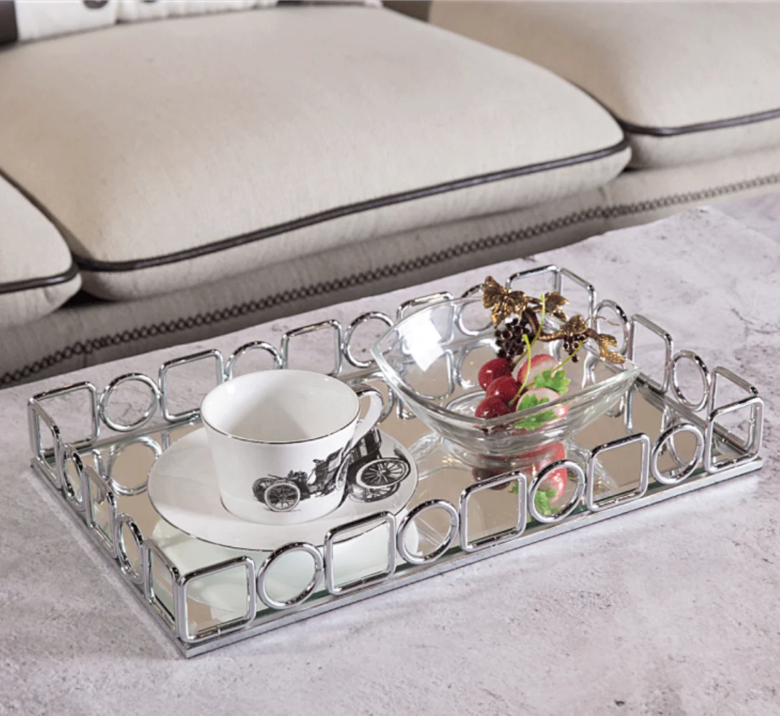 New Desktop Tea Set Storage Hotel Home Decoration Gold Modern Simplicity Iron Art  Mirror Tray Luxury Metal Tray