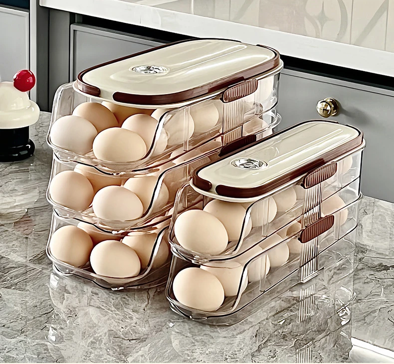Portable 3-Layer Plastic Egg Holder Self-Rolling Egg Container Organizer Sliding Egg Storage Box for Kitchen Use