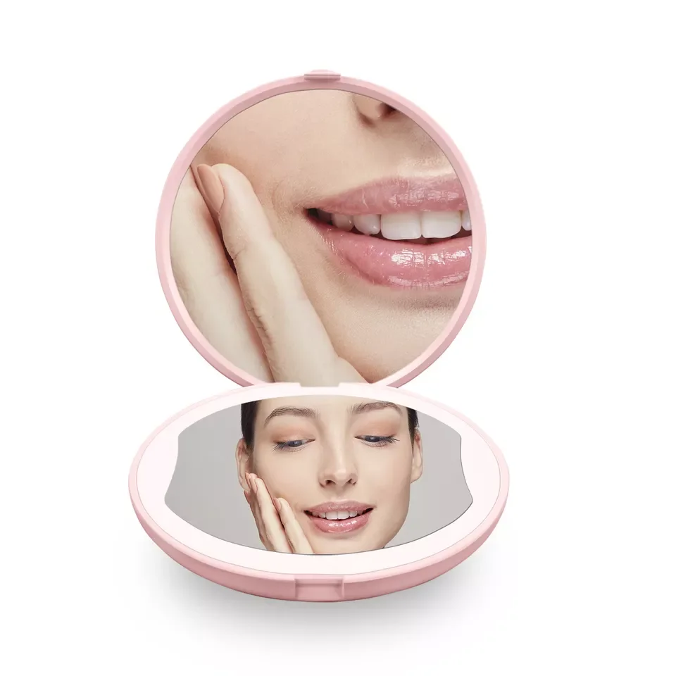 Small Round Rechargeable Handheld Purse Mini Magnifying Compact Led Handy Handbag Hand Makeup Travel Pocket Mirror With Light