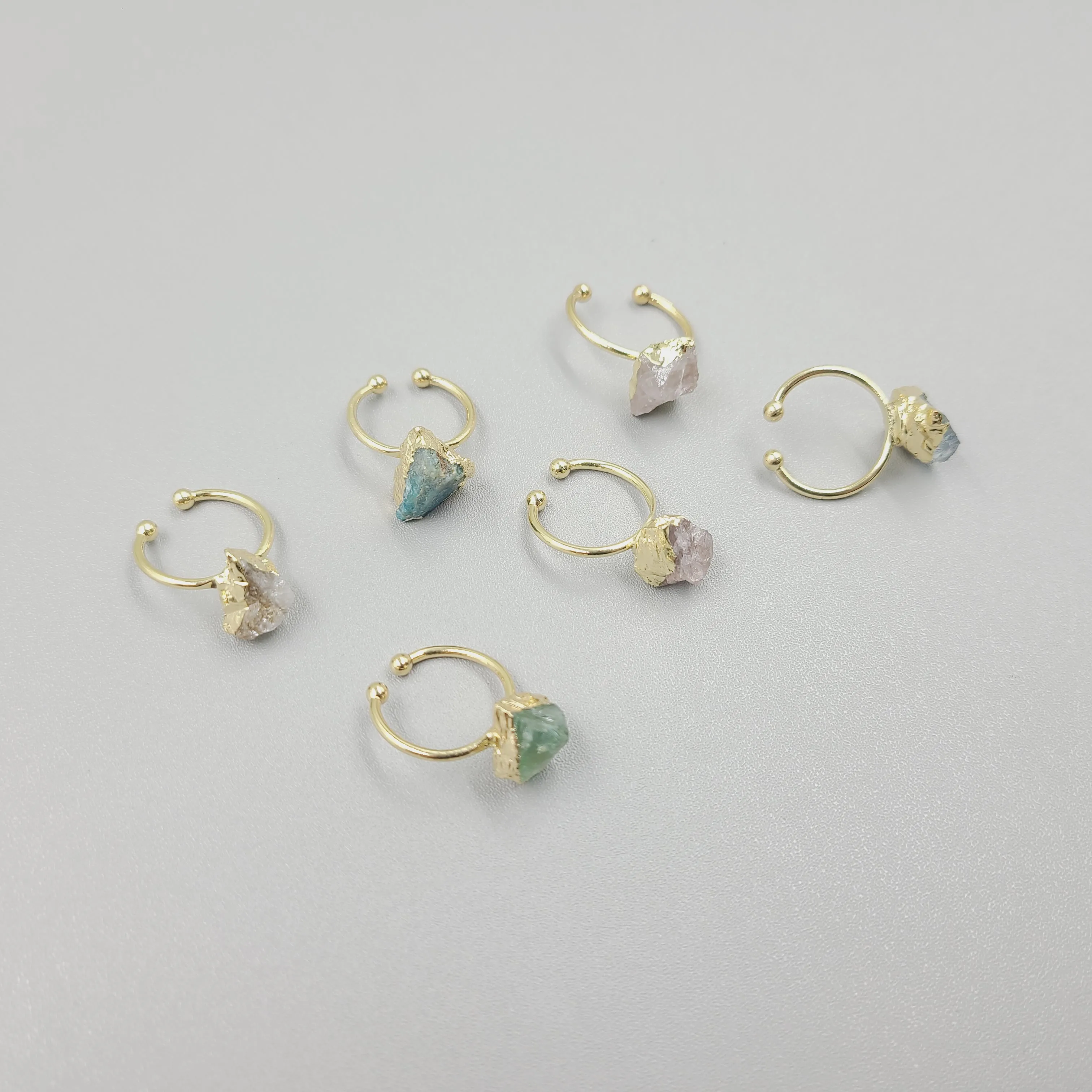 14K Gold Birthstone Ring, Statement Crystal Aquamarine Emerald Ring, Boho Gemstone Raw Stone Jewelry