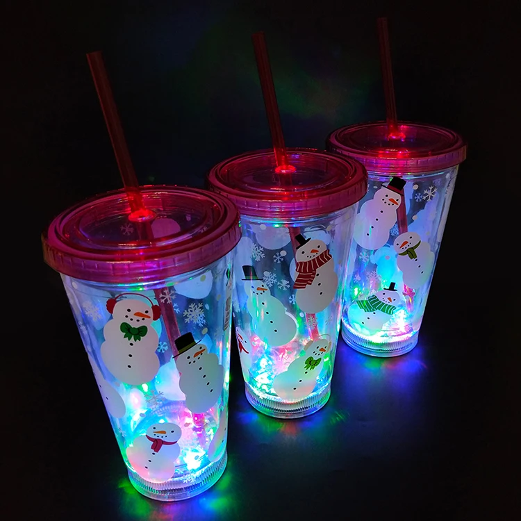 Hot Sales Eco friendly grade plastic OEM logo led light drinking glass with straw
