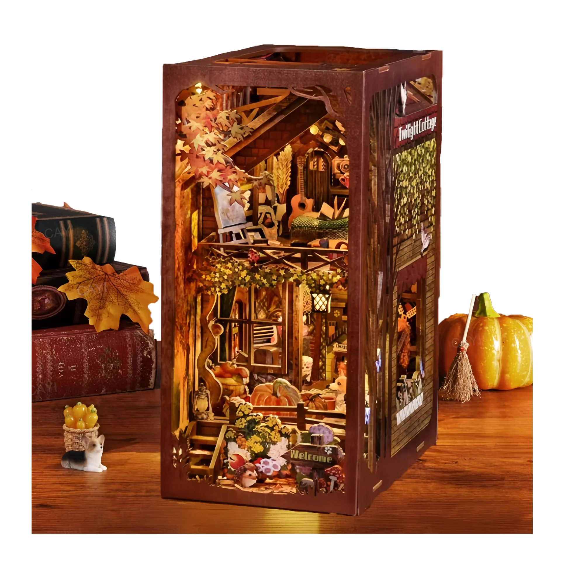 CAYI 2025 Twilight Cottage Diy Book Nook Kit 3D Wooden Puzzle Booknook Miniature House Nook Book Dollhouse Bookend LED Light