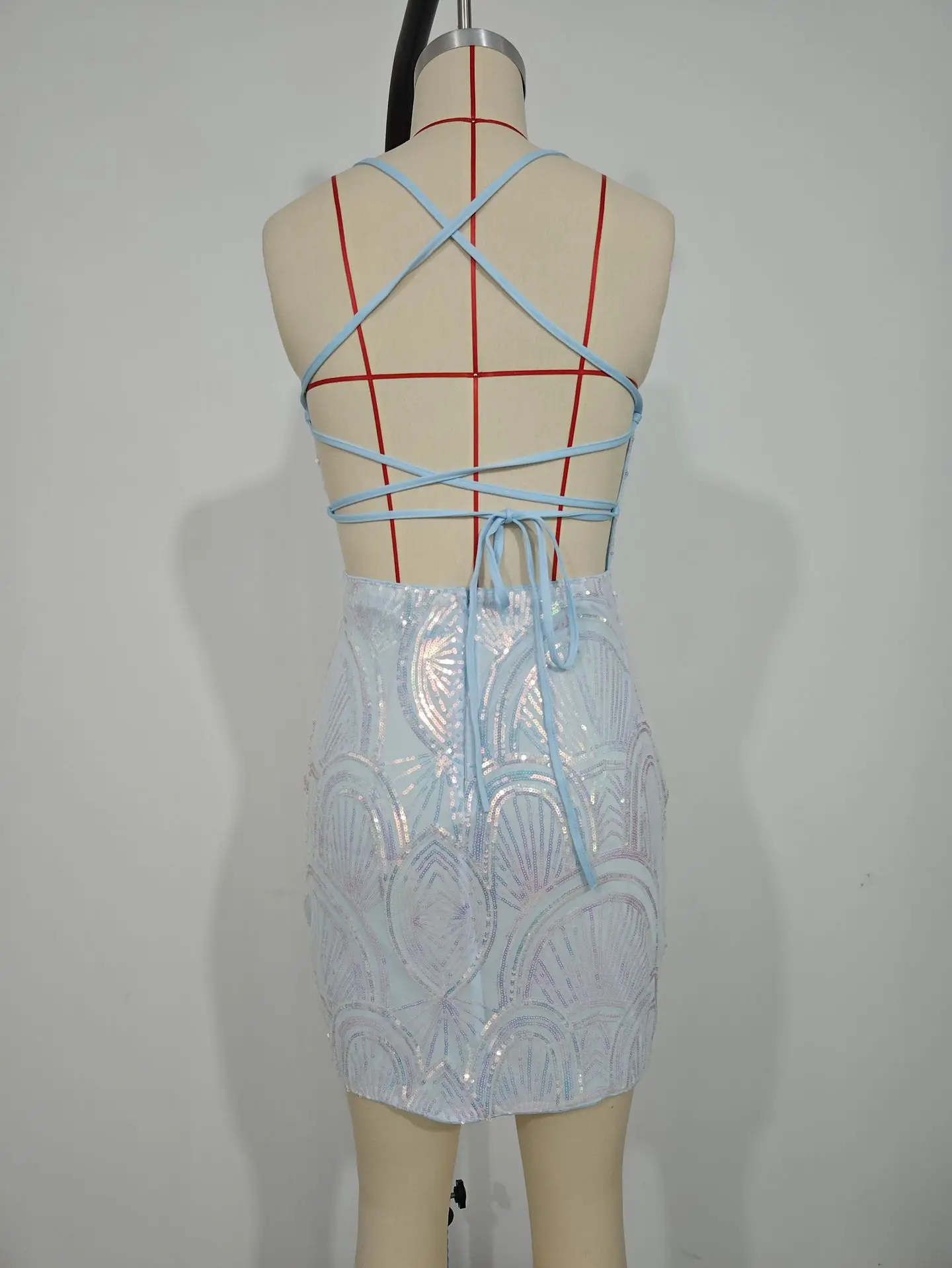 Light blue sleeveless sequined Sexy dress pattern open back fitted short prom party mini dresses women ladies