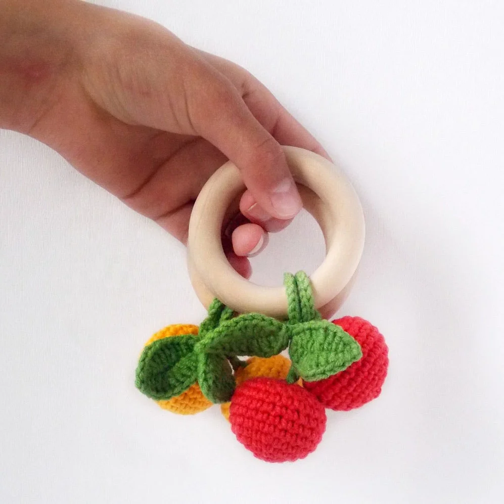 Crochet cherry rattle 1st birthday fruit crochet rattle with ring first toy amigurumi food developing toy easter basket