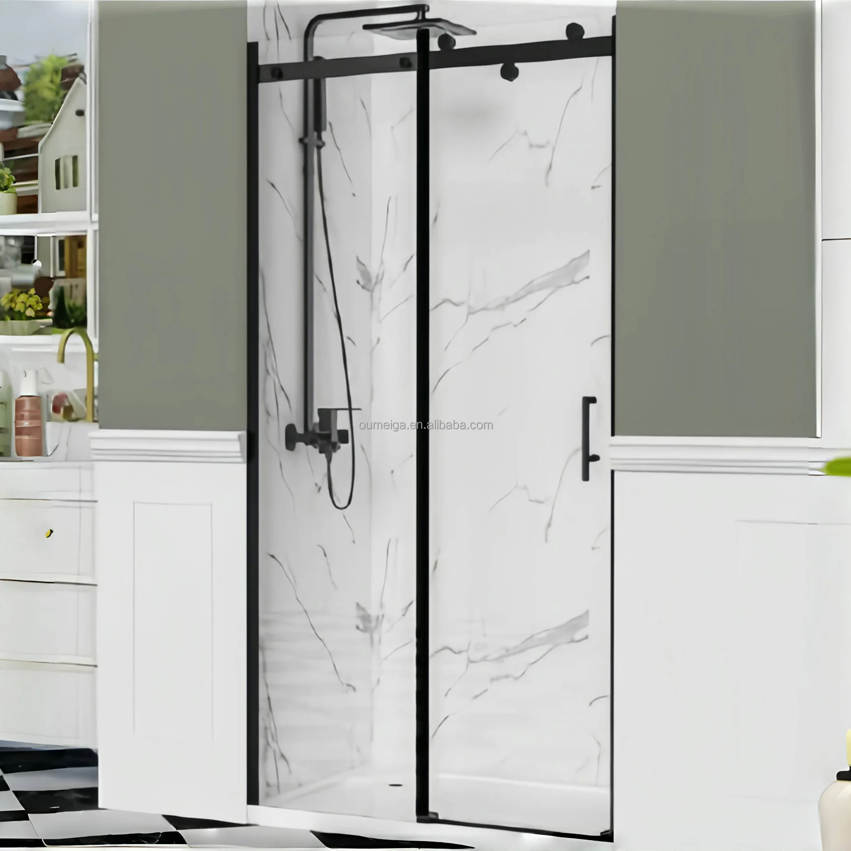 Oumeiga Customized 8/10mm Thick Tempered Glass Shower Doors for Hotels Framed Glass with Brushed Finish Custom Graphic Design