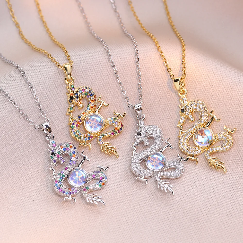 Loong Shape Gold Color Pendant Women Necklace  Zircon Luxury Chinese Dragon Jewelry Inlay Crystal Accessories Gift