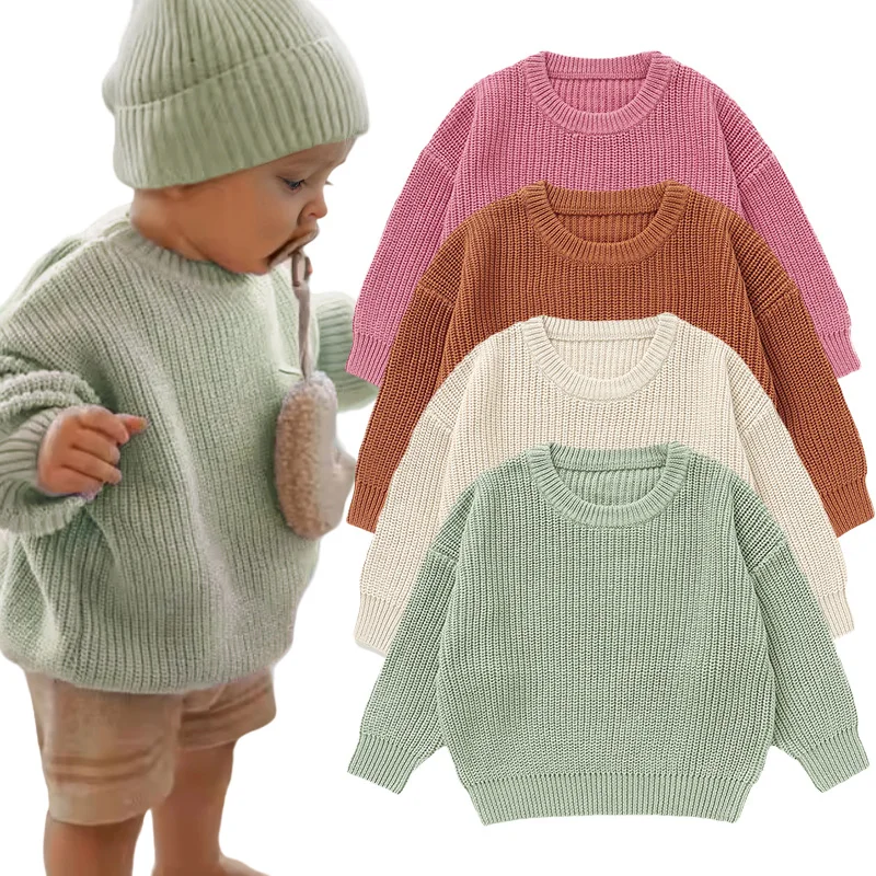 Hot Sale 3M-4T Warm Plain Pullover Organic Cotton Knitted Kids Baby Sweaters