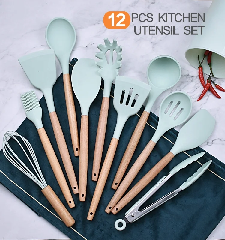 IN STOCK Silicone Wooden Kitchen Utensils Silicone Kitchen Utensils With Wooden Handle