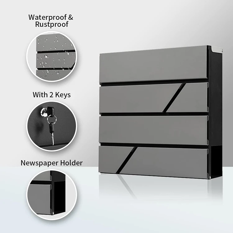JH-Mech Large Capacity Elegant Design Silver Lockable Rust-Proof Wall Mount Galvanized Steel Mailboxes Residential Modern
