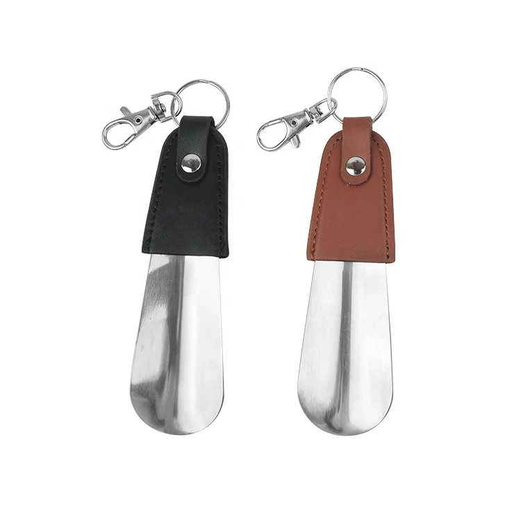 Mini 12CM stainless steel shoe horn with leather strap for gift