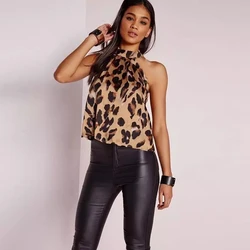 Women Sexy Leopard Print Ladies Shirts Tops Sleeveless Clothing Summer Backless Female Halter Blouses